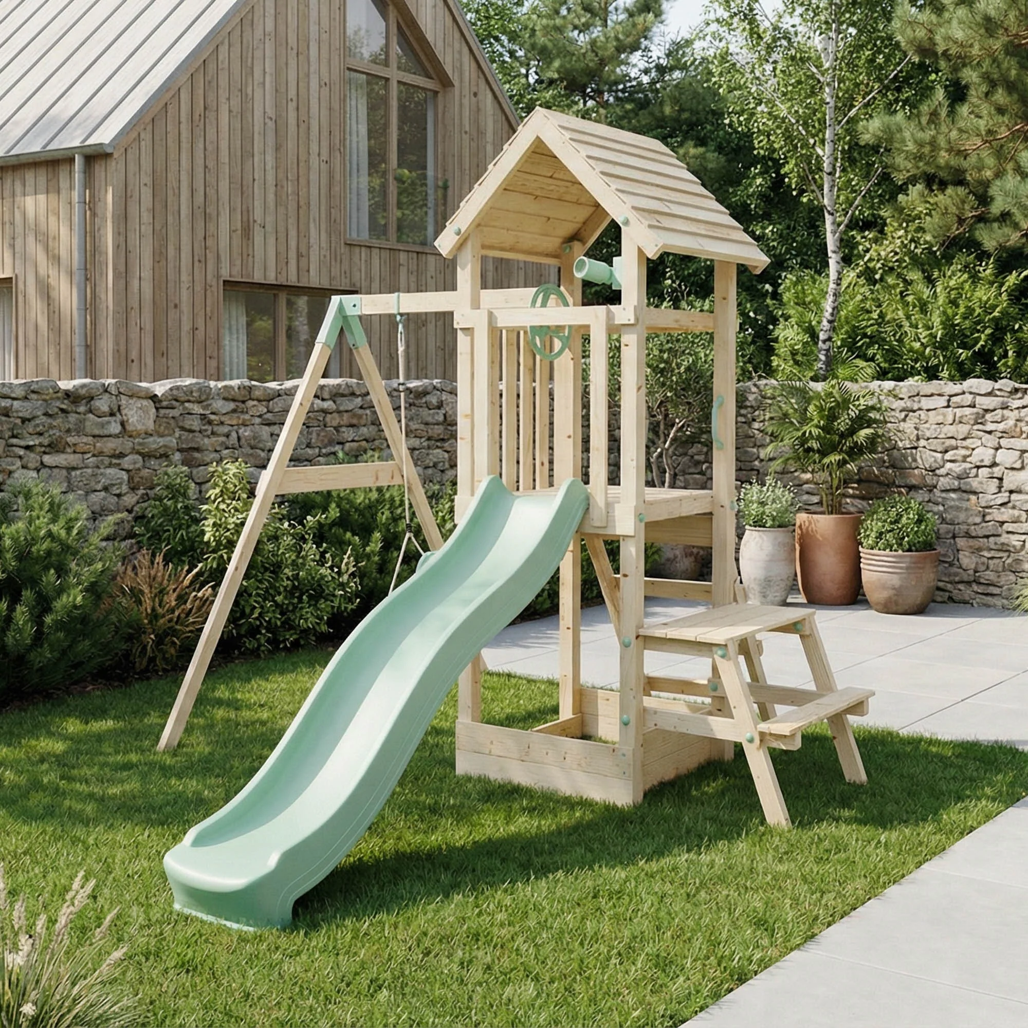 Climbing Frame With Single Swing & Picnic Table - Bramblewick Forest II