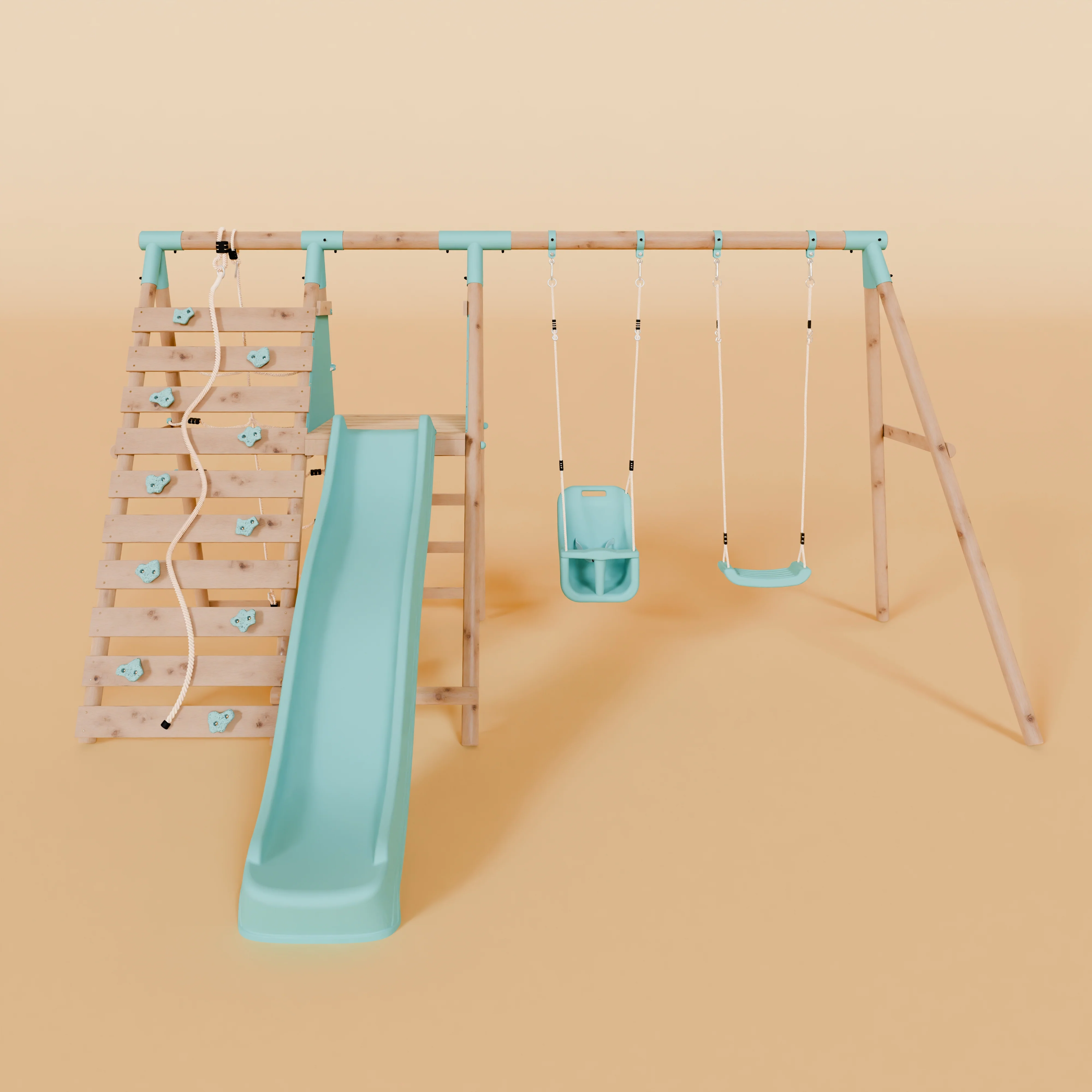 Double Wooden Swing Set with Baby Swing, Climbing Wall and Slide - Stagwood II - Image 3