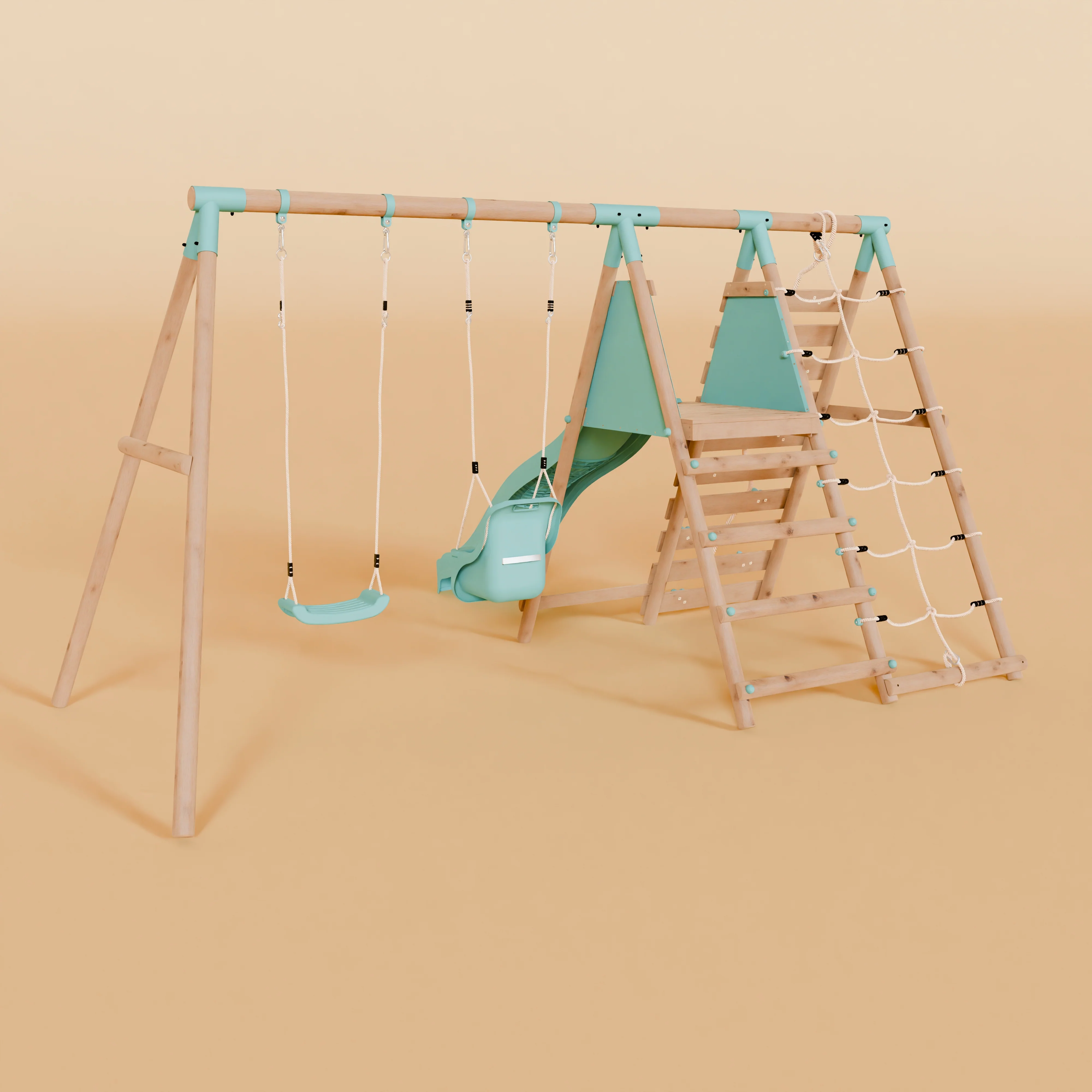 Double Wooden Swing Set with Baby Swing, Climbing Wall and Slide - Stagwood II - Image 5