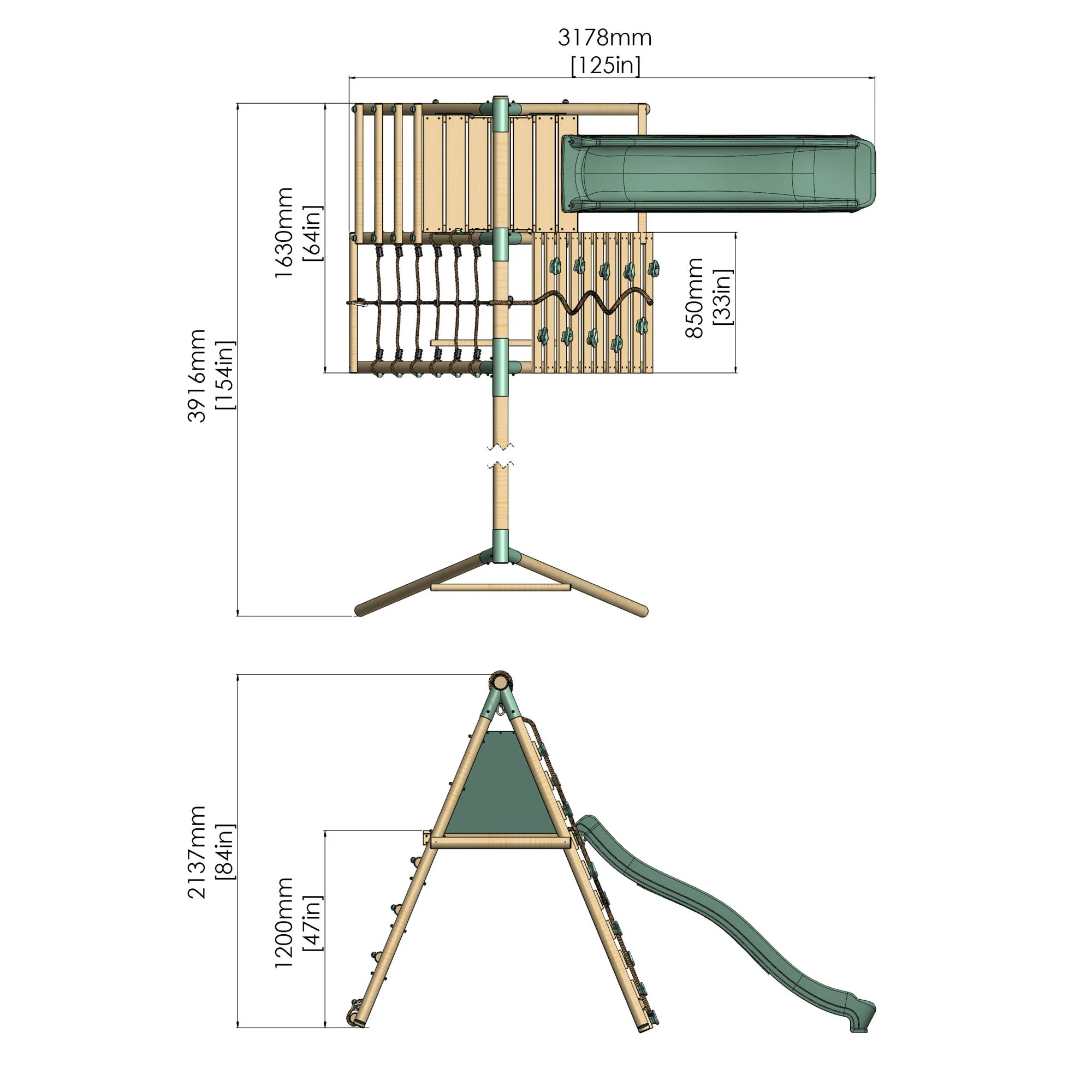 Double Wooden Swing Set with Climbing Wall and Slide - Stagwood I - Image 10