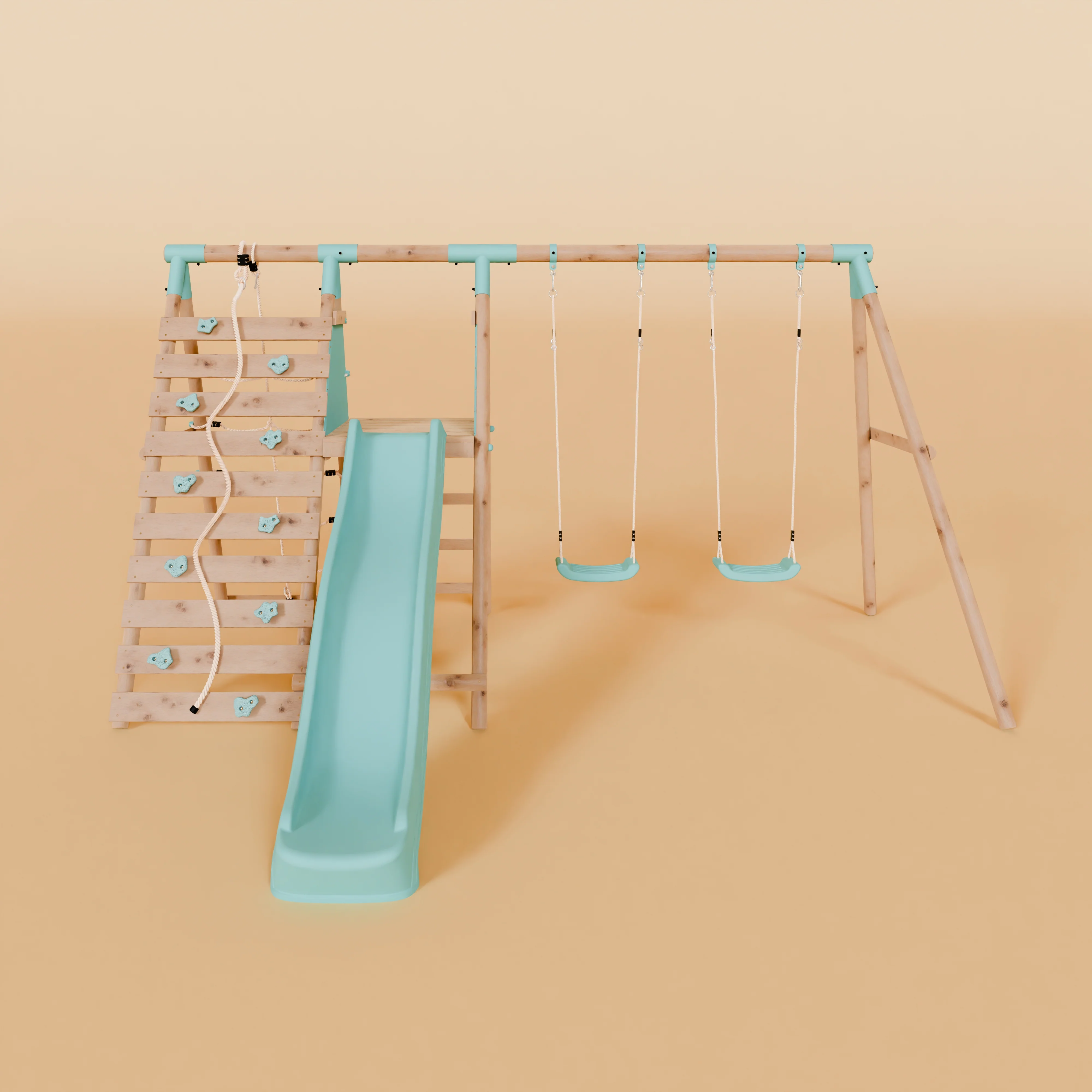 Double Wooden Swing Set with Climbing Wall and Slide - Stagwood I - Image 3