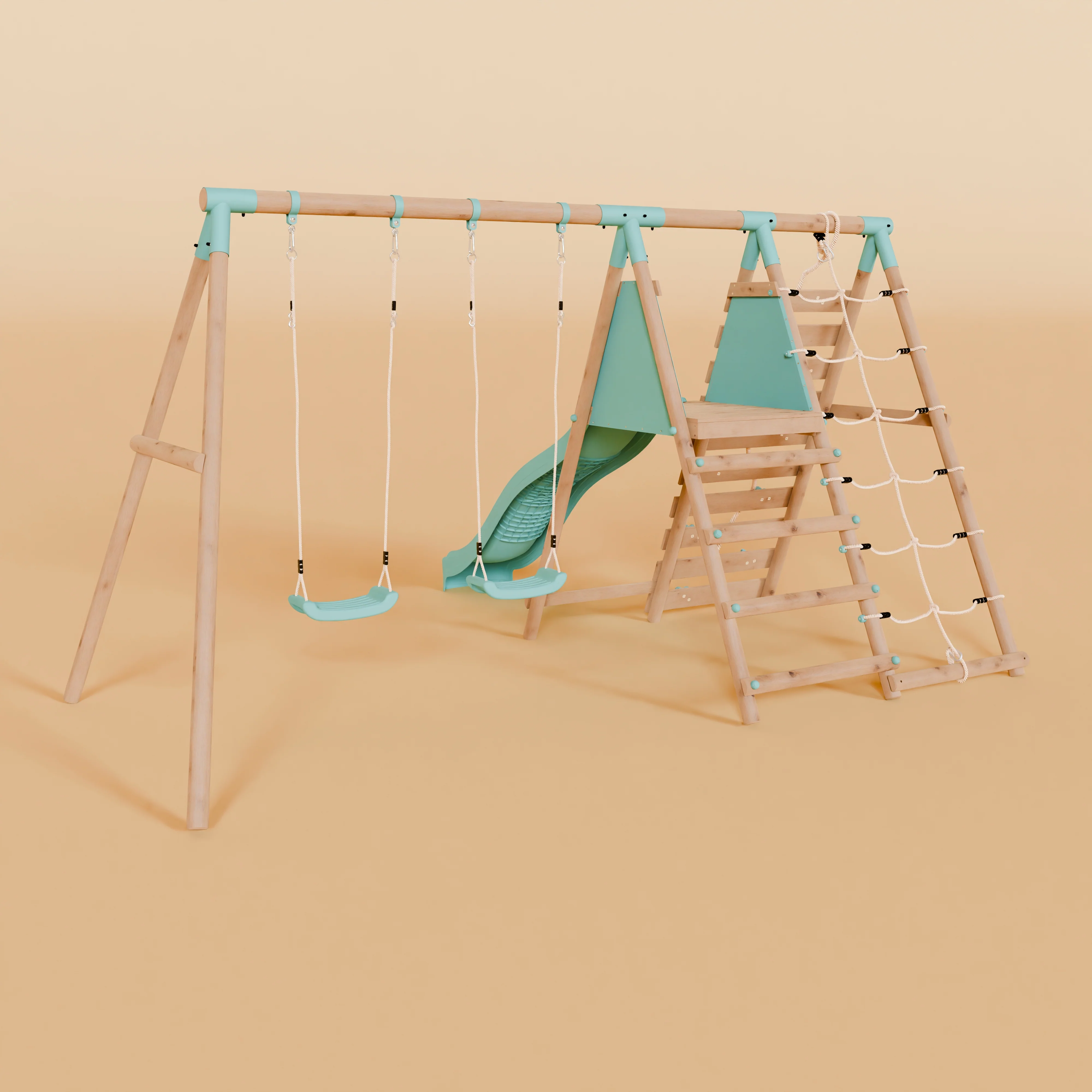 Double Wooden Swing Set with Climbing Wall and Slide - Stagwood I - Image 5