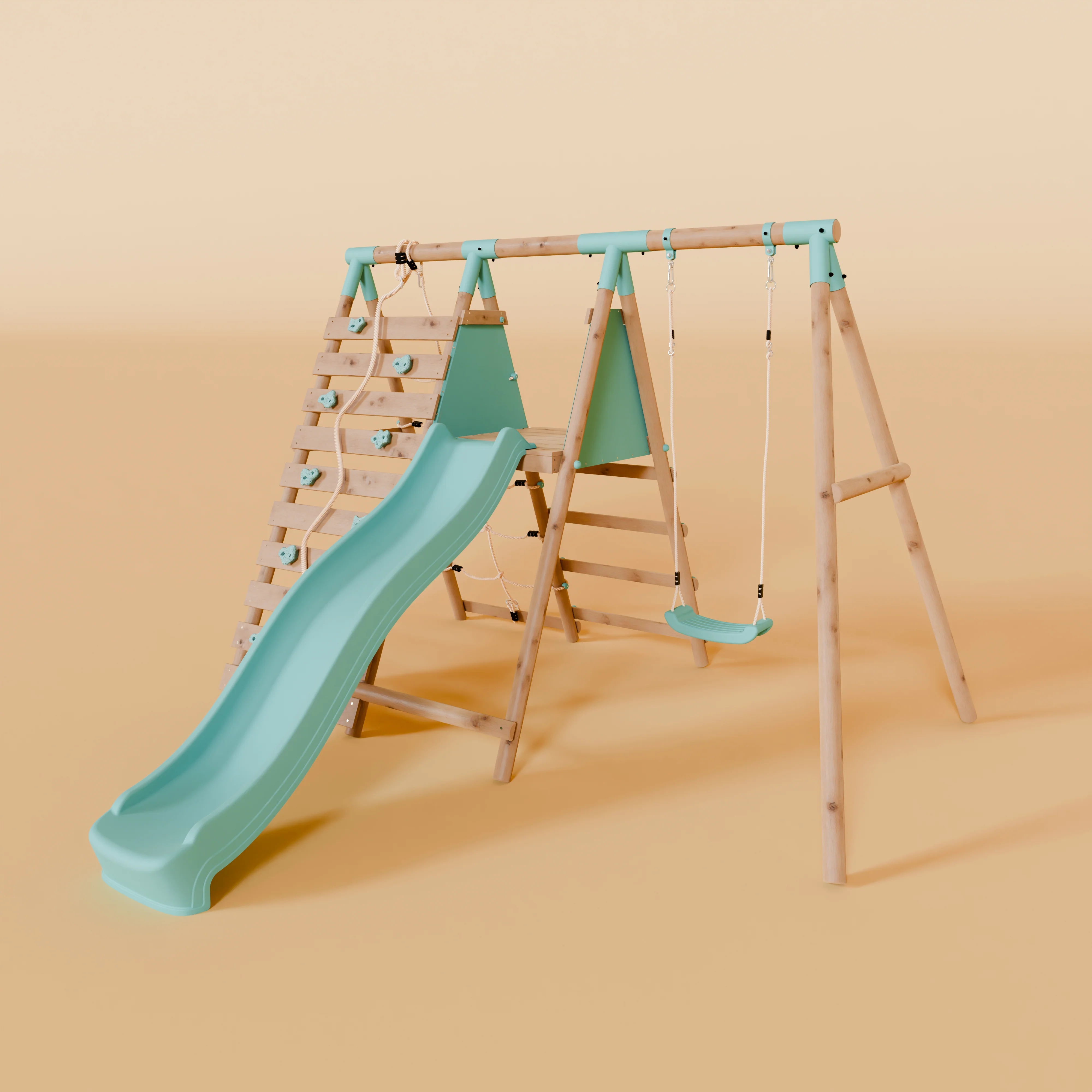 Single Wooden Swing Set with Climbing Wall and Slide - Badger Brook I - Image 2
