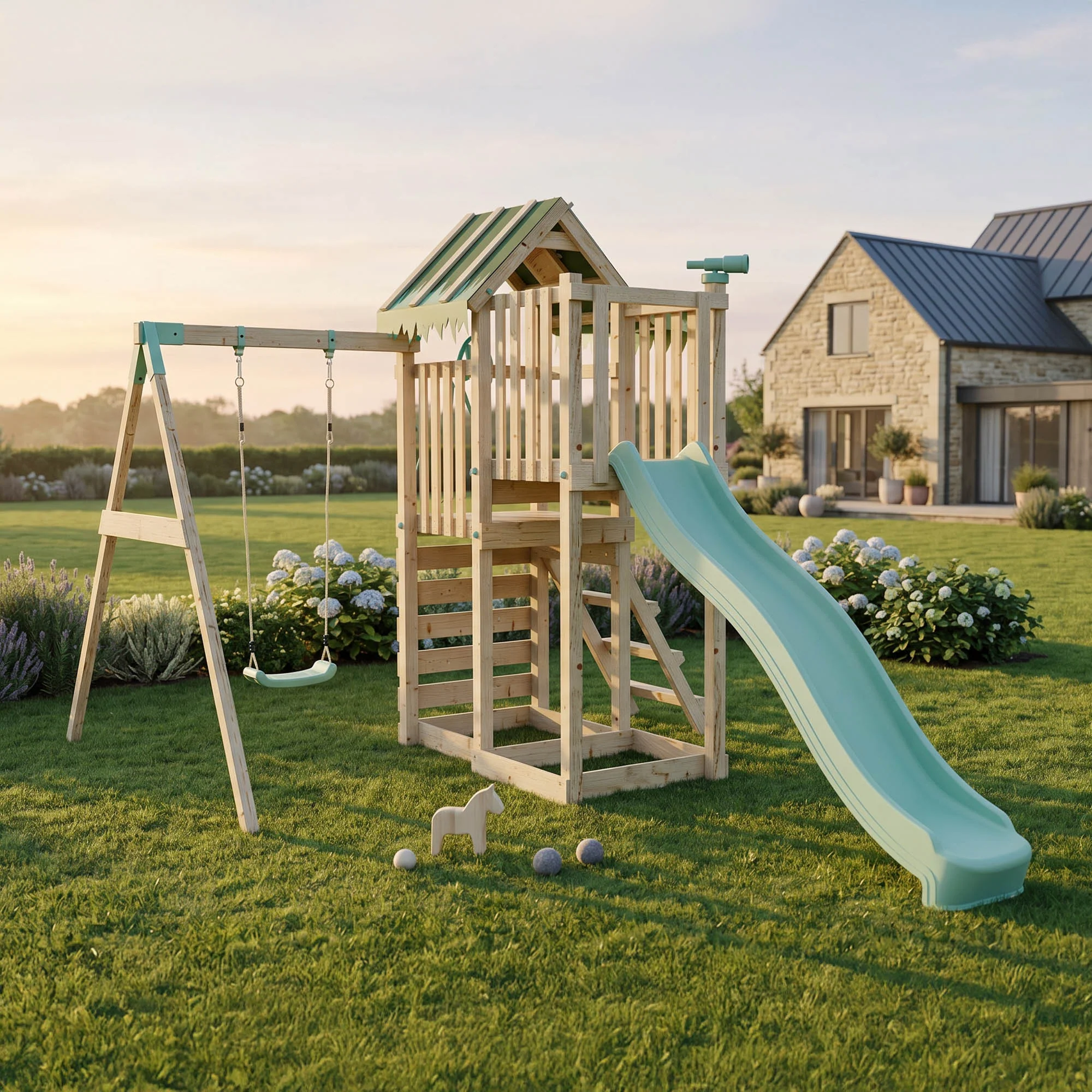 Climbing Frame with Single Swing Extended Height Platform & 2.65m Slide - Eldertree Forest Watchtower I
