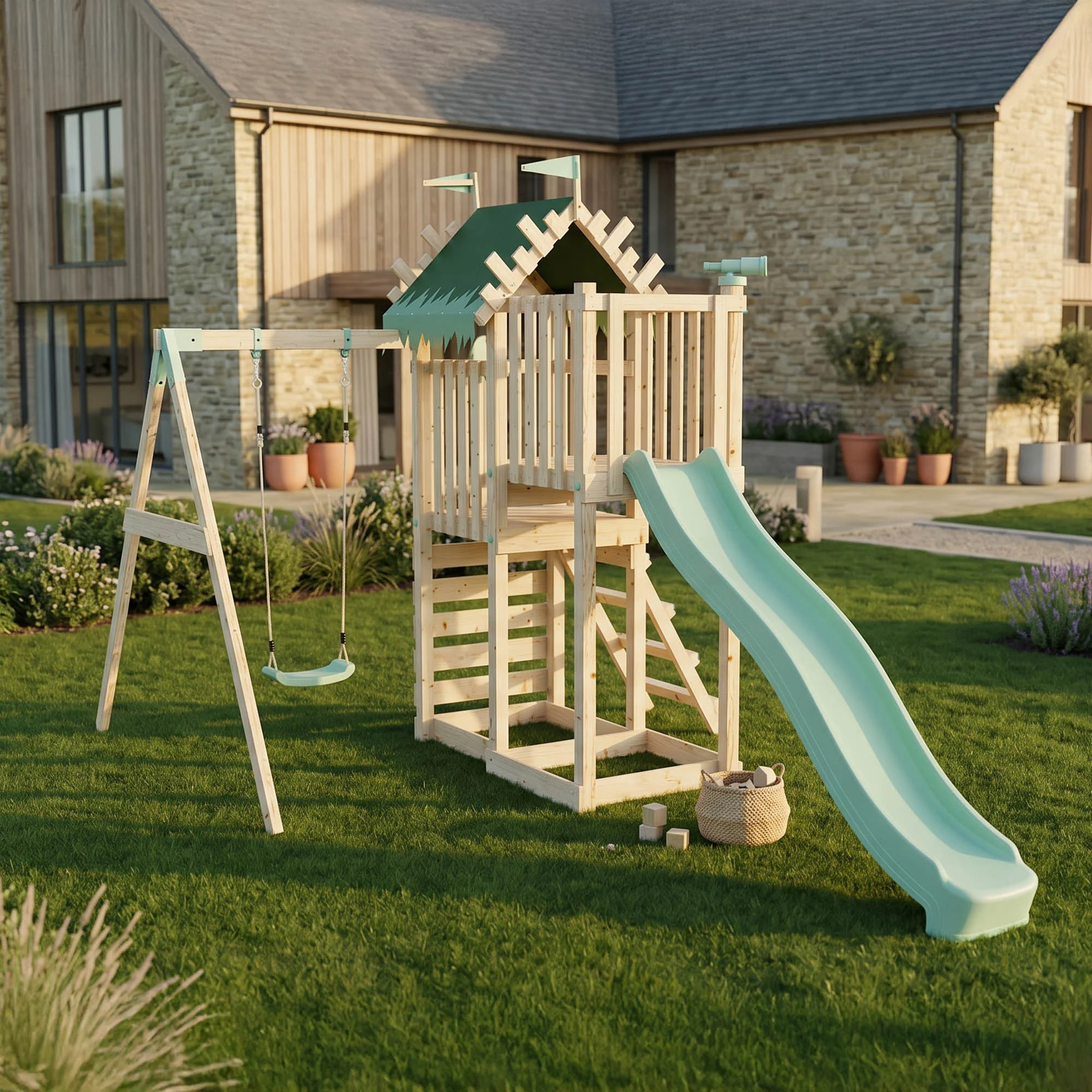 Climbing Frame with Single Swing Extended Height Platform & 2.65m Slide - Enchanted Grove Watchtower I