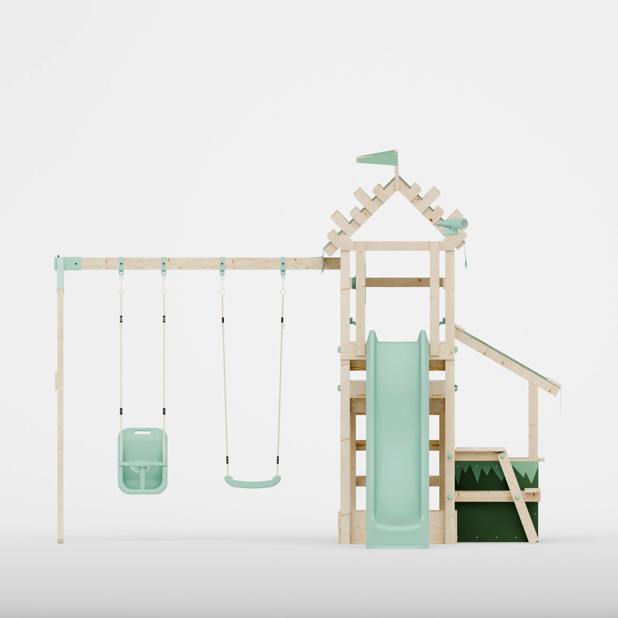 Climbing Frame with Double Swing Extended Height Platform & 2.65m Slide & Shop & Picnic Table - Enchanted Grove Watchtower XII - Image 3