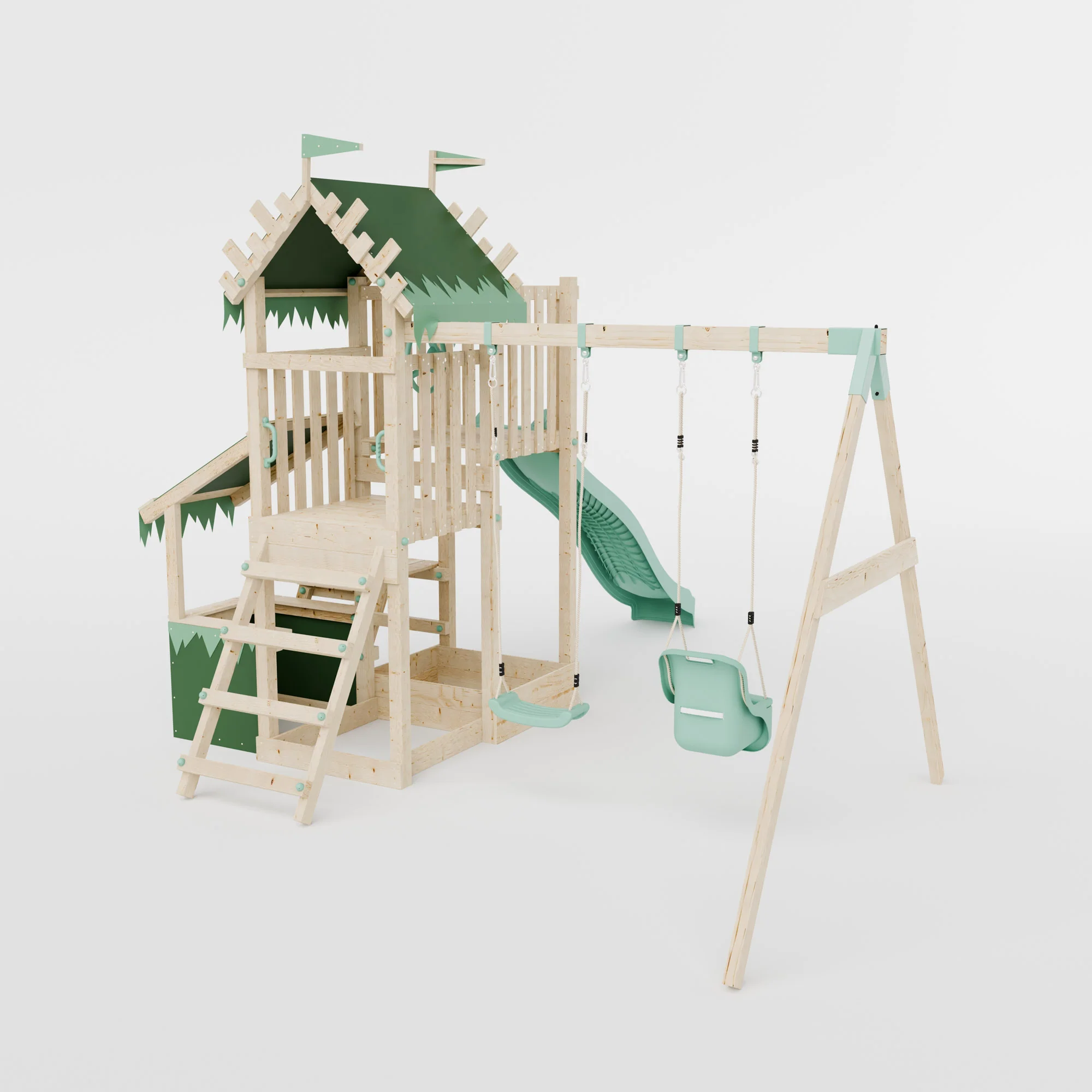 Climbing Frame with Double Swing Extended Height Platform & 2.65m Slide & Shop & Picnic Table - Enchanted Grove Watchtower XII - Image 4